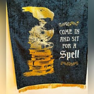 Halloween Metallic Gold Raven Skull Books Table Runner Come Sit For a Spell